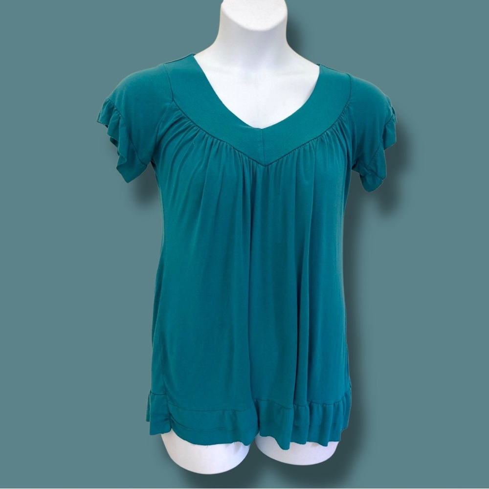 Teal Gypsy V-Neck Ruffle Sleeve And Hem Tunic
